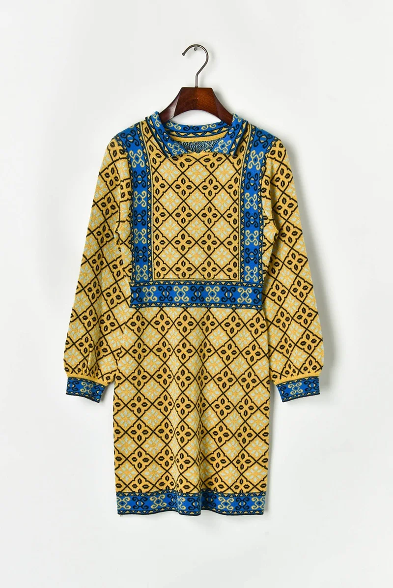 Европейский стиль винтаж женщин свитер платье 2019 осень зима отложным воротником