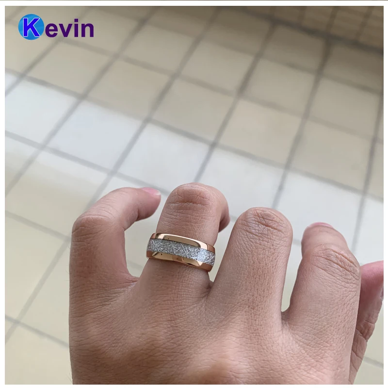 Розовое золото женские мужские Weding Band вольфрамовое кольцо купольная полоса белый метеорит инкрустация