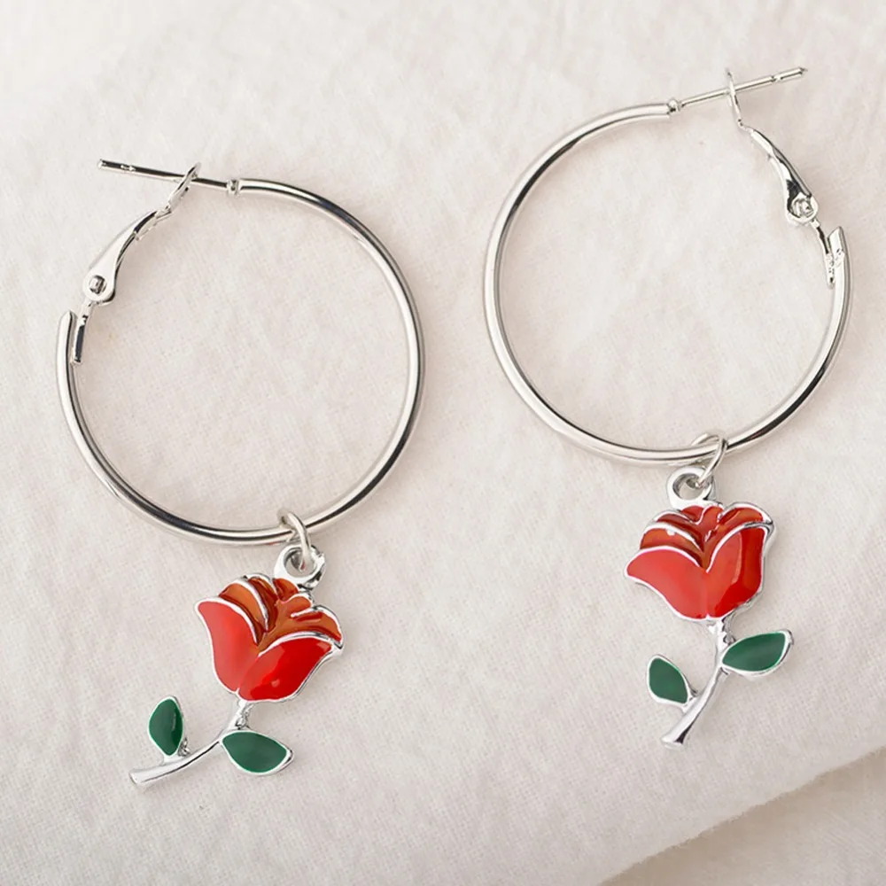 Простые серьги с цветком красивые круглые Круглые Серьги Подвески красной розой