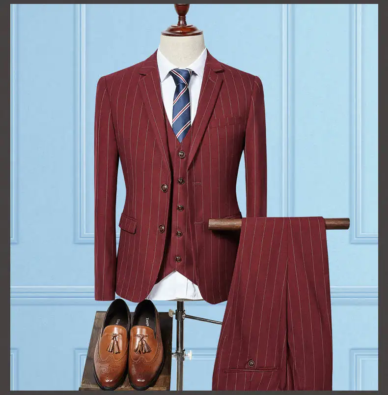 red 3 pieces На заказ, мужской костюм в полоску со штанами для свадьбы, индивидуальная одежда для конюха, мужской костюм, приталенные костюмы из 3 предметов - Цвет: red 3 pieces