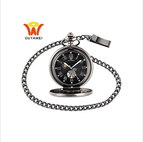 silver fob watch 1 Ouyawei Защита от солнца, фаза Луны, ожерелье, антикварные серебряные карманные часы, механические классические римские подвески, нержавеющая сталь, мужские часы Fob - Цвет: silver fob watch 1