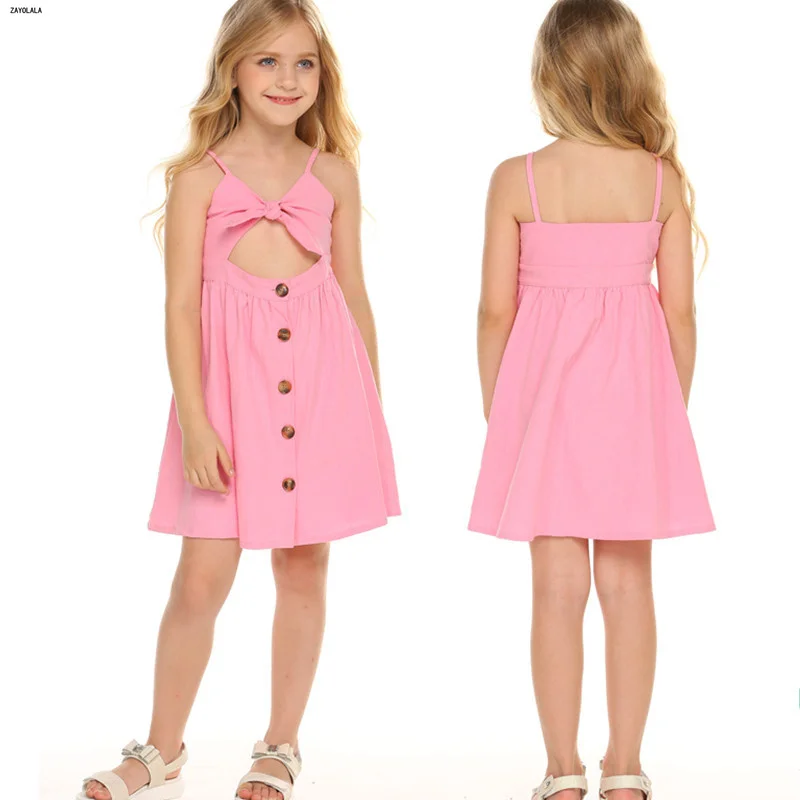Summer Dress For Kid Girls Sleeveless A-line Princess Casual Irregular Spaghetti Strap Bow-Knot Backless Button | Детская одежда и