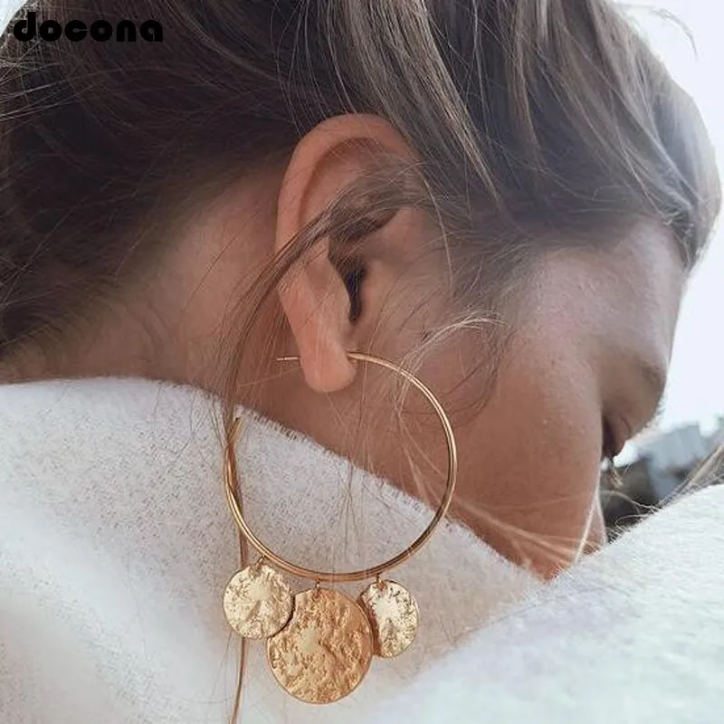 

docona Punk Gold Silver Color Round Wafer Drop Dangle Earrings for Women Abstract Circle Pendant Earring Pendientes 3537