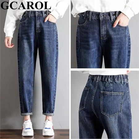 GCAROL, новинка, Женские джинсы-карандаш из 93% хлопка, джинсы с высокой талией, джинсы в стиле бойфренда, 3 цвета, размера плюс 26-32 - Цвет: Dark Blue