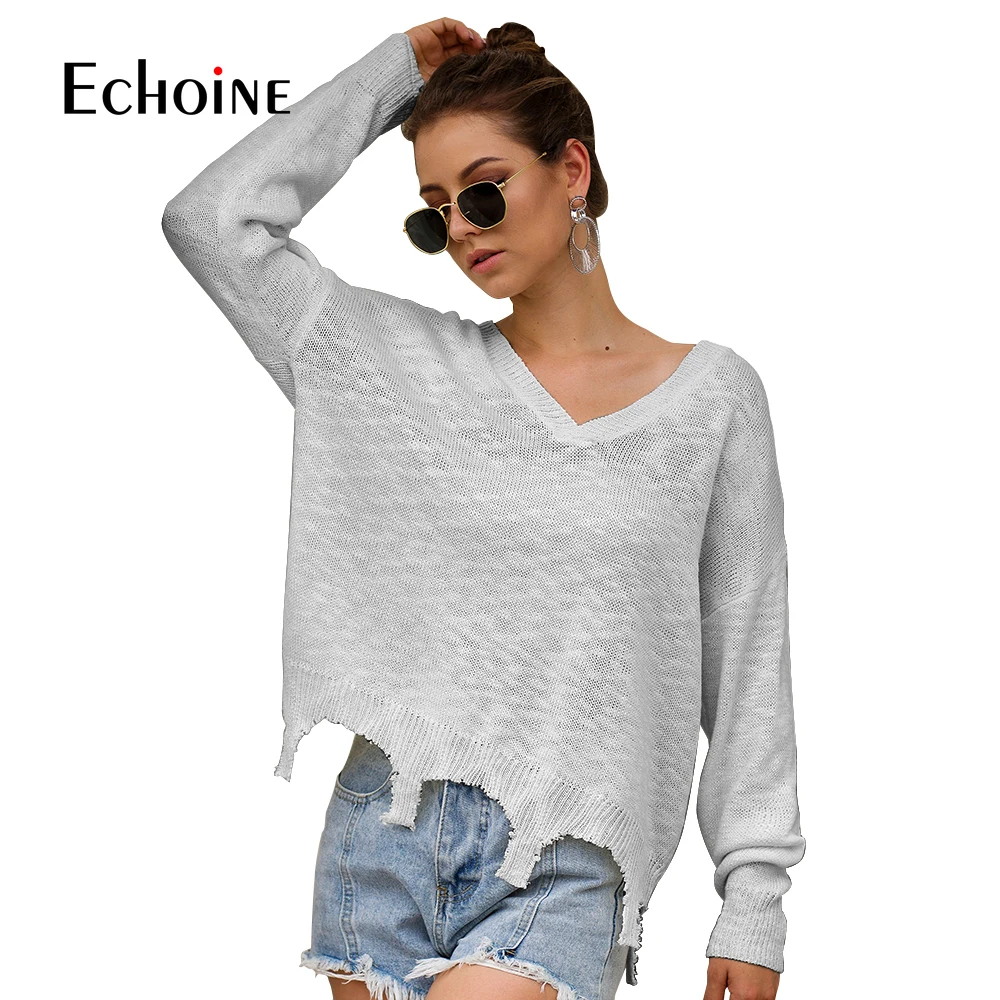 Casual New Loose Tassel Sweater Women V-Neck 2019 Fall Winter Fashion Long Sleeve Knit Pullovers Jumper Sexy Oversized Sweaters | Женская