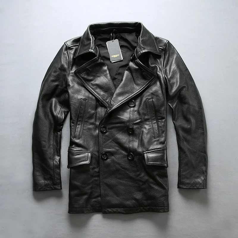 

AVIREXFLY 2021 New Men Smart Casual Genuine Cowskin Leatehr Jacket Black Double Breasted Long Style Winter Coats