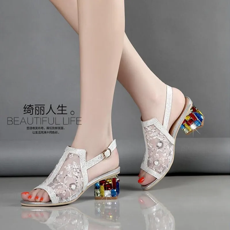 Women Sandals Block Heels Handmade Rhinestone 2019 Summer Slippers High Shoes For Plus Colorful 4255 | Обувь