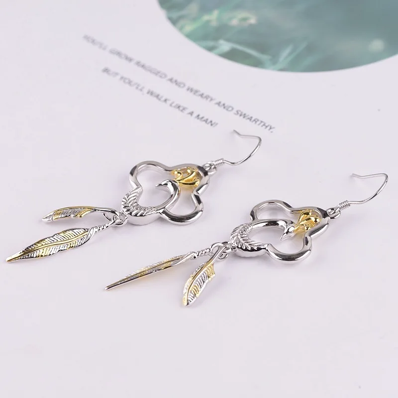 S925 Silver Craft Women Fashion Gilded Peacock Phoenix Feather Tassel Earrings | Украшения и аксессуары