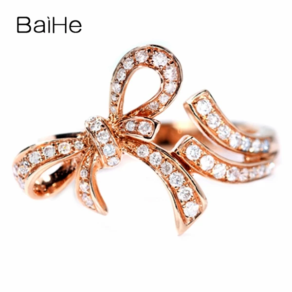 BAIHE, 14 K, розовое золото, около 0.22ct H/SI, Круглый, натуральные бриллианты, обручальное кольцо, обручальное кольцо, модное, с бантом, подарочное кольцо