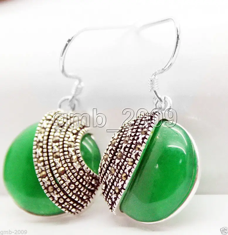 

18*18mm Natural Green Natural jade Coin 925 Silver Marcasite Earrings valentine's gift