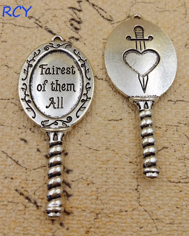 

Top Quality 5 Pieces/lot 23mm*55mm antique silver color letter printed fairest of them all mirror charm for jewelry making