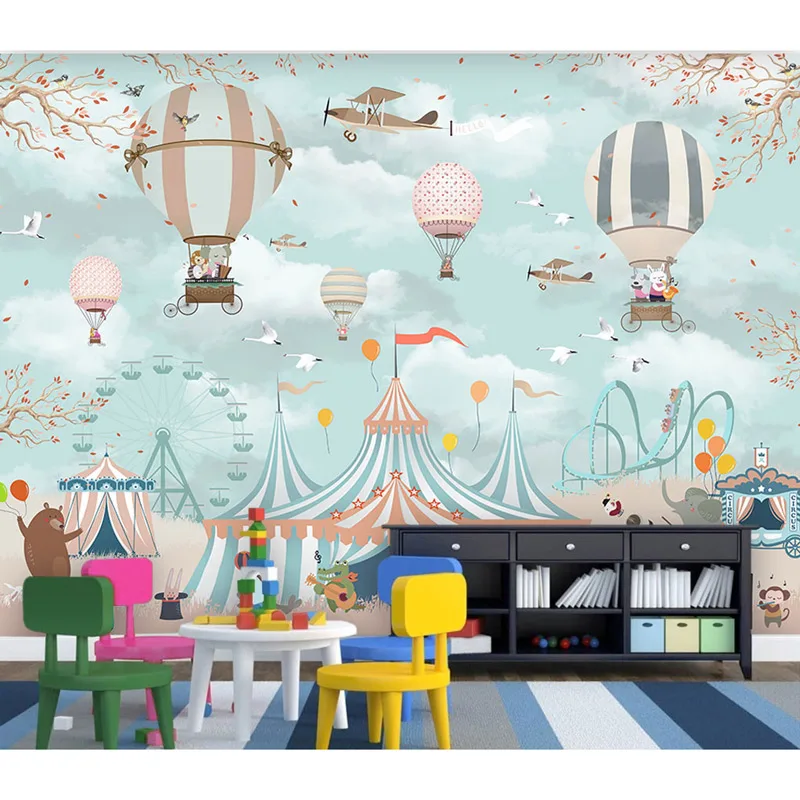 Детская комната настенная бумага мультфильм цирк животные воздушный шар фото