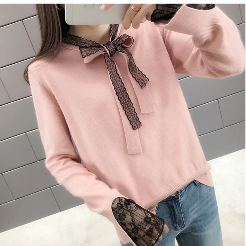 2019 Весна Осень Модное с кружевной вышивкой женский свитер толстый теплый