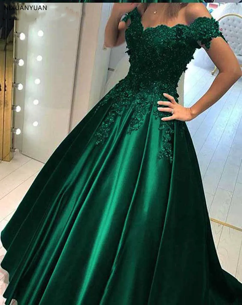 Elegant Green Satin Evening Dresses Ball Gown Lace Sweetheart Gowns 2021 Long Robe De Soiree Floor Length Formal Dress | Свадьбы и