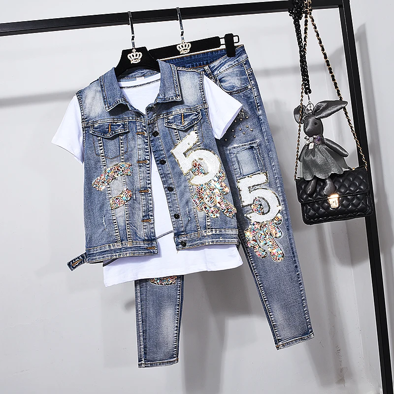 Женский джинсовый комплект рваный жилет со средней талией и блестками брюки из