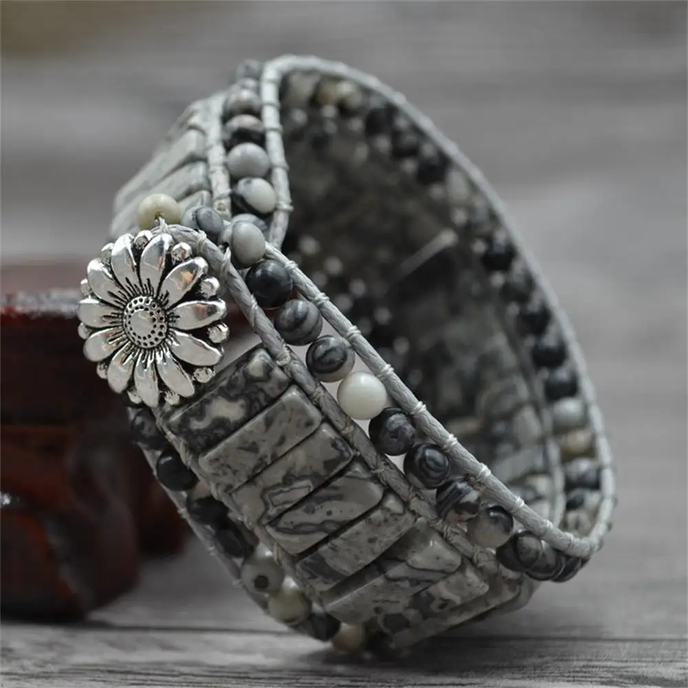 

Leather Rope Hand-made Emperor Stone Rope Chain Bohemian Ethnic Jewelry Natural Stone Beads Beaded Bracelet