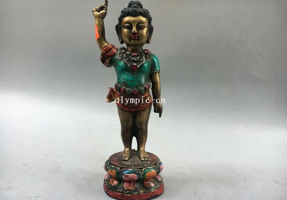

10'' bronze gold inlay turquoise gemstone baby boy Gautama Sakyamuni Buddha