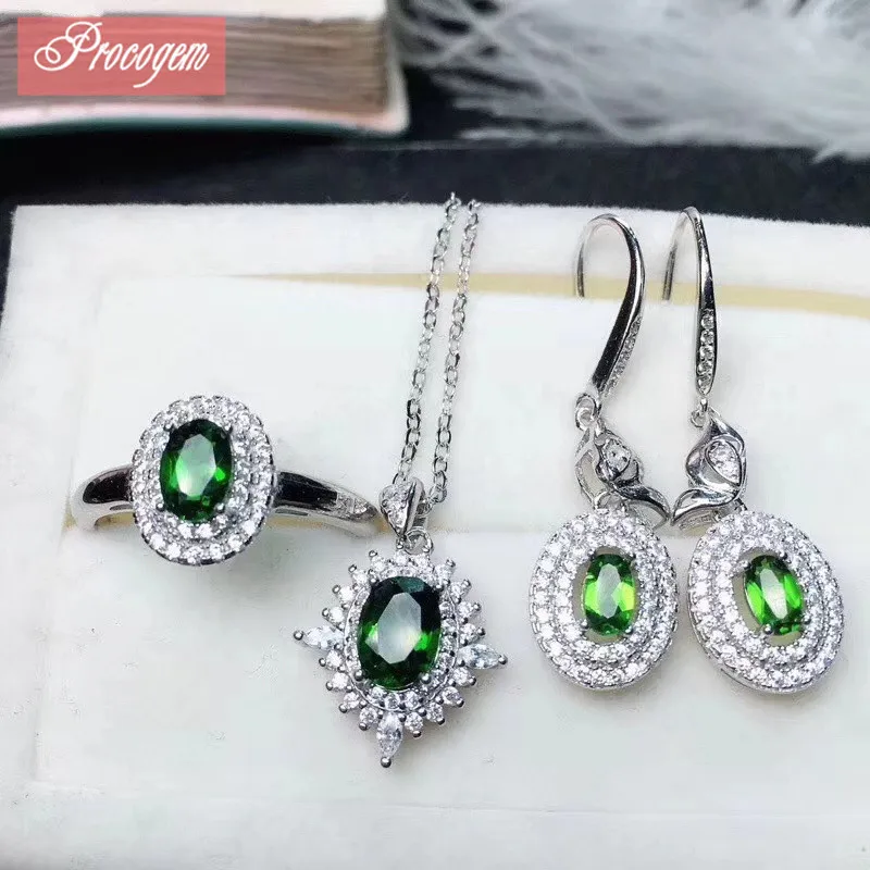 

Натуральный диопизированный женский ювелирный набор ожерелье/Кольцо/Висячие серьги 5x7 мм Овальный драгоценный камень модные ювелирные изд...