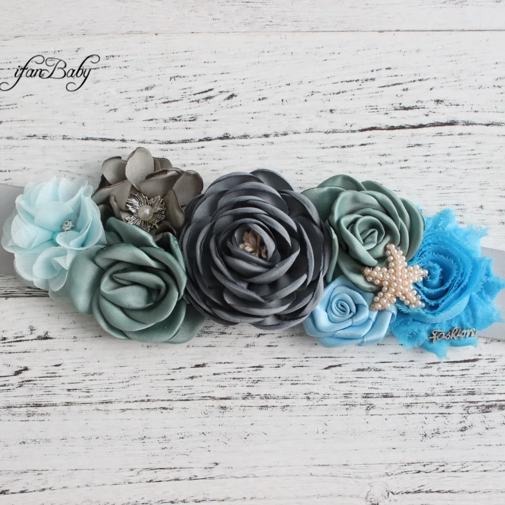 Blue Grey sash belt Beach Flower Sash for Bridal wedding with rhinestone flower headband Maternity female | Аксессуары для одежды