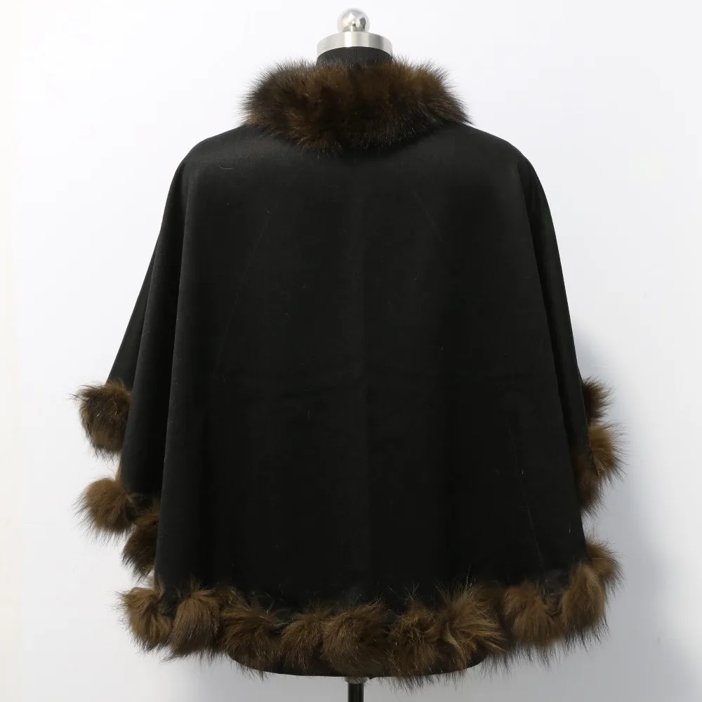 

Genuine Cashmere Winter Women Fur Shawl Ponchos With Natural Fox Fur Trim Real sable Fur Coat Outerwear Female Pashmina