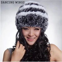 dancing wings 100 real rex rabbit fur hat thick wool cap fur flower knitting patterns hats winter womens hat headgear ms 23