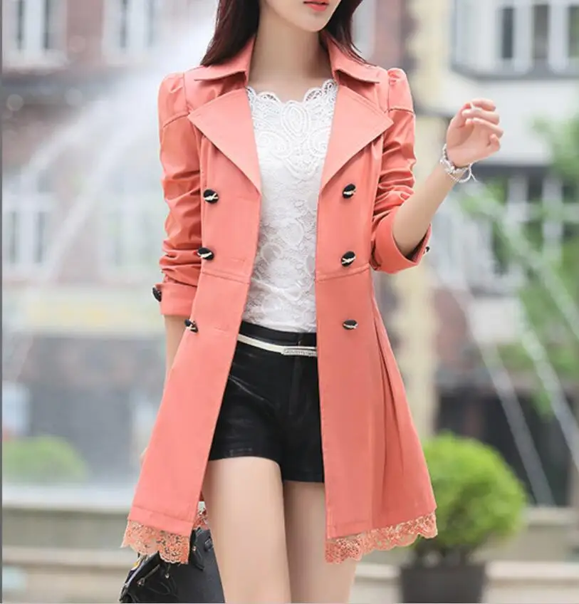 Women's trench COATS slim FEMALE coats fashion windbreaker belt lapel versatile female outwear Double-breasted Lace women | Женская
