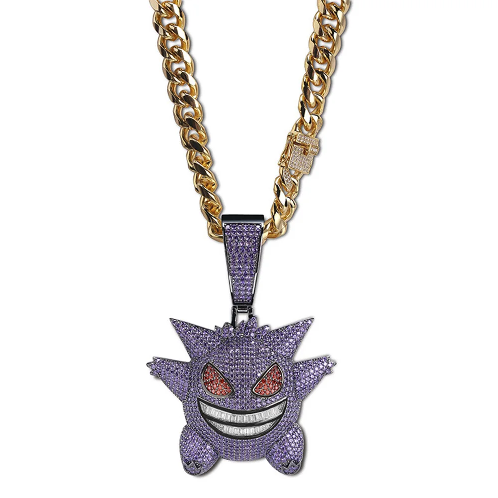 Новое Поступление Персонализированные большая маска покемона Gengar кулон ожерелье для мужчин хип хоп Bling Iced Out AAA CZ Циркон Rapper ювелирные изделия - Окраска металла: Purple Pendant Chain