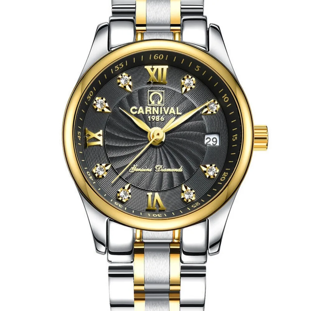Enlarge Carnival Women Lady Fashion Business Waterproof Steel Watchband Quartz Watch Wristwatch - gold case black dial