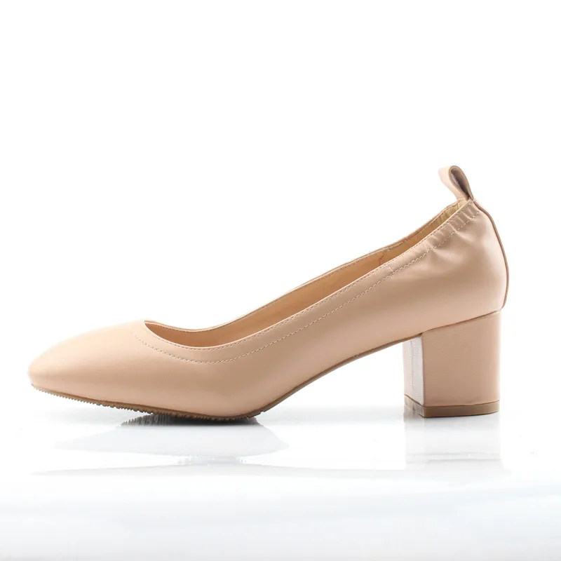Beige Leather Обувь модные женские офисные туфли-лодочки из натуральной кожи с закругленным носком и квадратным каблуком 2 дюйма размеры 34-41 K-307 - Цвет: Beige Leather