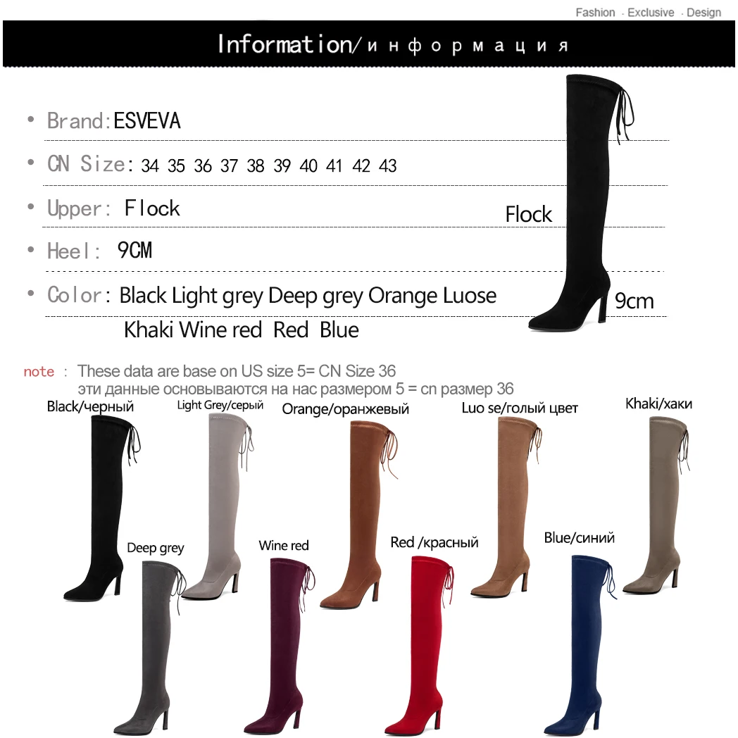 

ESVEVA 2020 Over The Knee Boots Winter Warm Women Motorcycle Boot Lady Black Stretch Fabric Fashion Lace Up Shoes Big Size 34-43