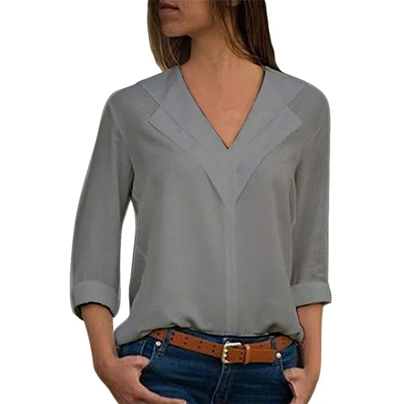 

Loose Plus Size S-5XL 10 Colors Women Blouse Long Sleeve Chiffon Blouse V neck Tops and Blouses Solid Office Lady Elegant Shirts