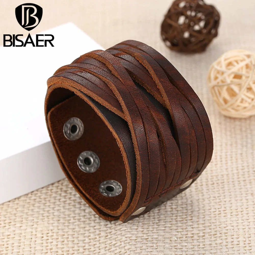 Браслет из натуральной кожи широкий коричневый и черный Плетеный регулируемый