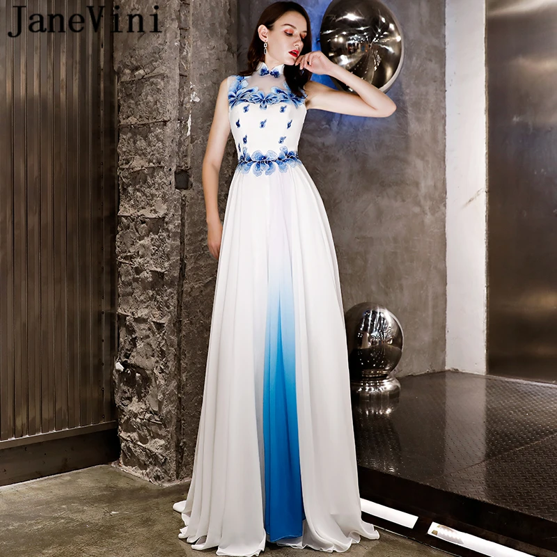 

JaneVini Vintage Chinese Style Long White Prom Dresses High Neck Embroidery Appliques Pattern Beaded Chiffom Formal Party Gowns
