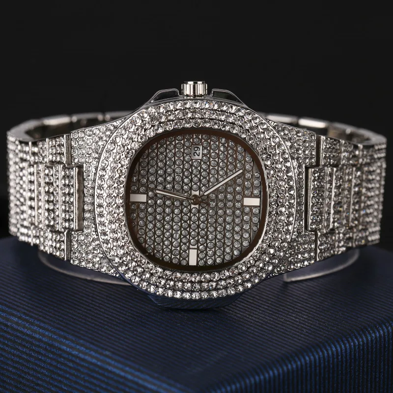 

Mens Watches Fashion Diamond Automatic Date Quartz Watch Men Gold Stainless Steel Hip Hop Mens Watches Top Brand Luxury clock