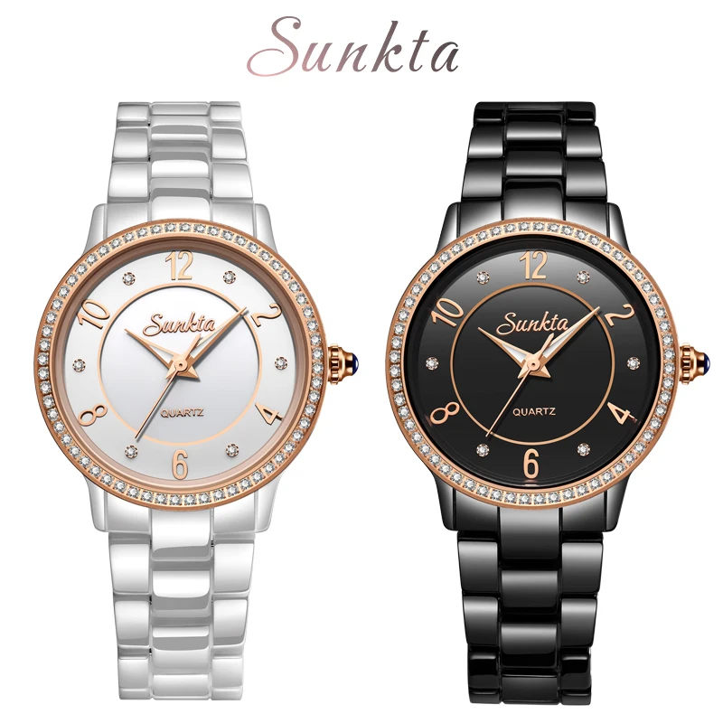 

SUNKTA Crystal Diamond Rose Gold Ceramic Women Watch Waterproof Top Brand Luxury Watch Women Dress Quartz Clock Relogio Feminino