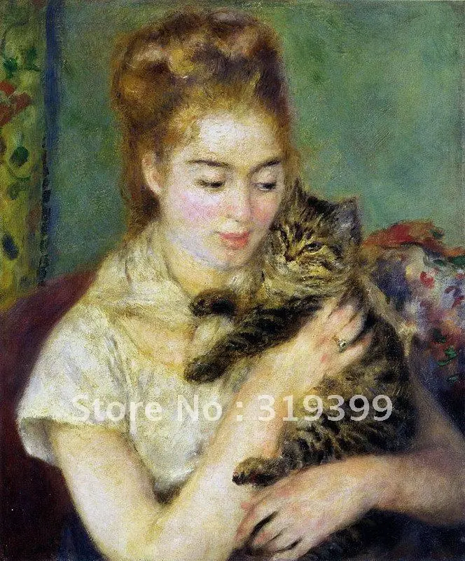 Картина маслом на льняном холсте женщина с кошкой Пьера аугустэ Ренуары