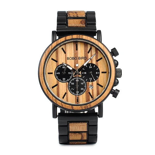 BOBO BIRD Брендовые мужские часы с металлическим деревом, хронограф, кварцевые мужские наручные часы с Т-образным ремешком, часы с логотипом, U-P09 на заказ - Цвет: P09-1metalwood