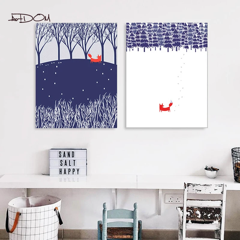 Artdom No Framed минималистский животный красный Лисий лес Снежный АРТ ПРИНТ плакат
