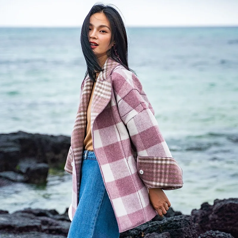 2018 Autumn Winter Original Design Gloria&ampGrace Pink Wool Vintage Plaid Print Oversize Loose Warm Coat Jacket Outerwear | Женская