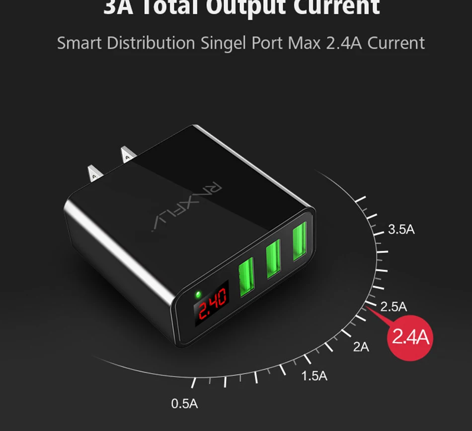 RAXFLY 3 порта USB зарядное устройство для телефона для iPhone 7 6 Plus быстрый Универсальный 5 в 3A светодиодный дисплей путешествия USB зарядное устройство для huawei P9 P10 Lite