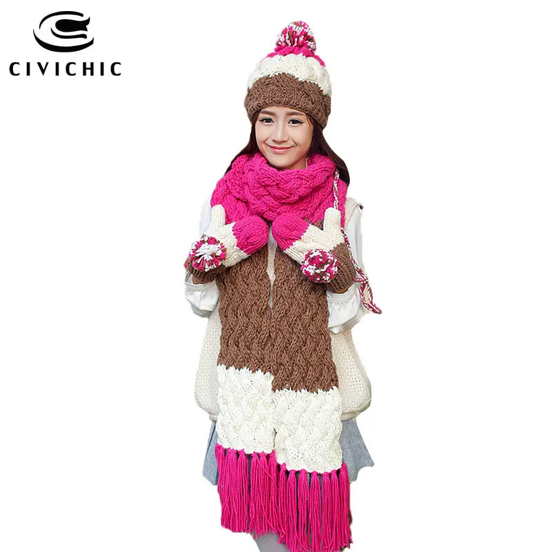 CIVICHIC вязаная шапка шарф перчатки теплый комплект в полоску разные цвета милый