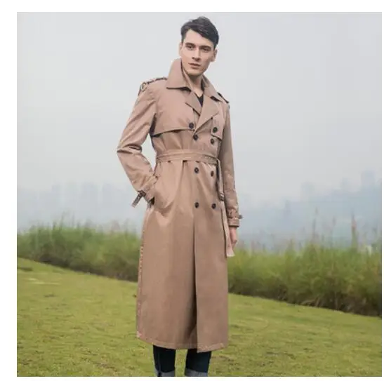 Dark khaki Осенне-зимний Тренч для мужчин, новинка, удлинение выше колена, свободный, большой размер, тренд, Длинная ветровка, мужское супер длинное пальто - Цвет: Dark khaki