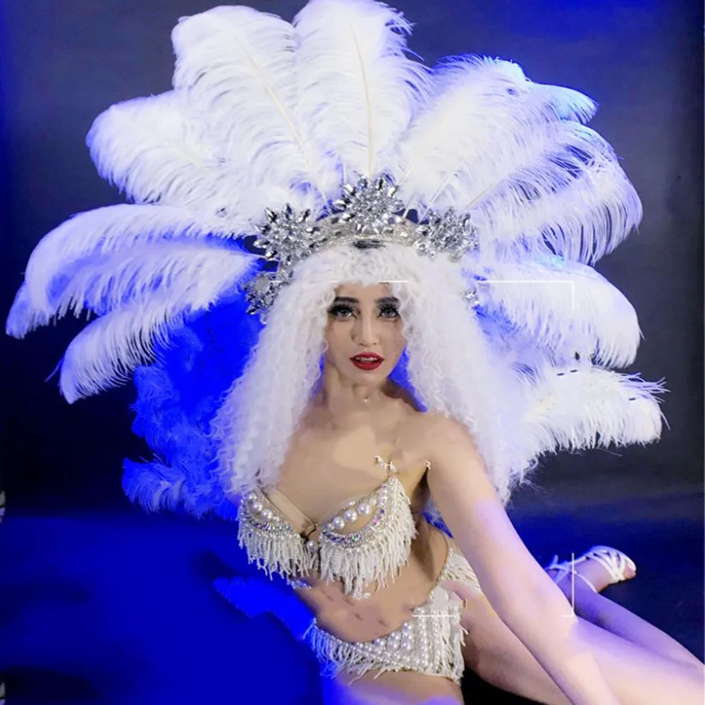 Christmas Party Performance Feather Headpiece White Snow Queen Sexy Led Light Costume for Stage