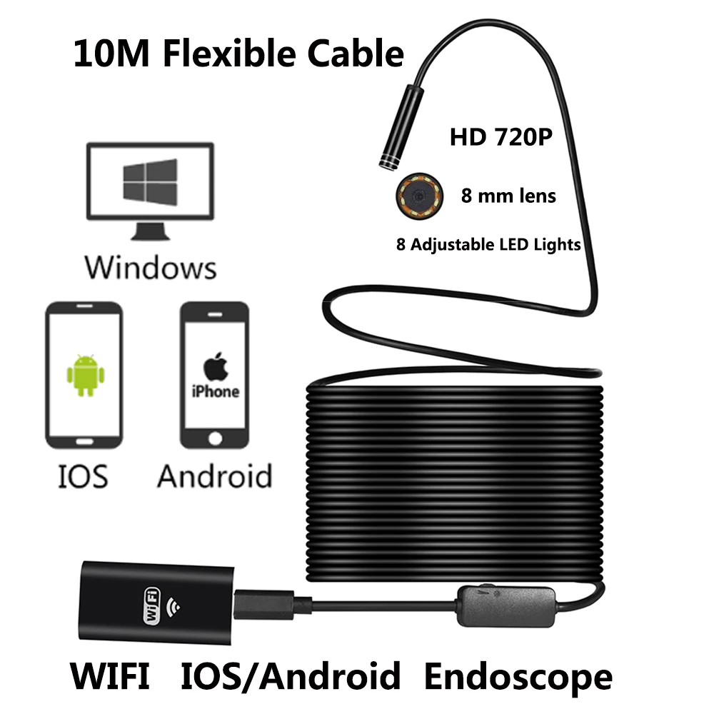 Эндоскоп с гибким кабелем 10 м 8 светодиодов WIFI объектив мм 2 МП 720P USB|endoscope camera|camera