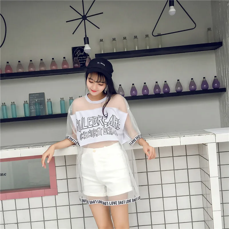Camisetas Mujer летняя модная футболка Топ Женская одежда корейский стиль Harajuku сетчатая перспективная футболка женские свободные футболки