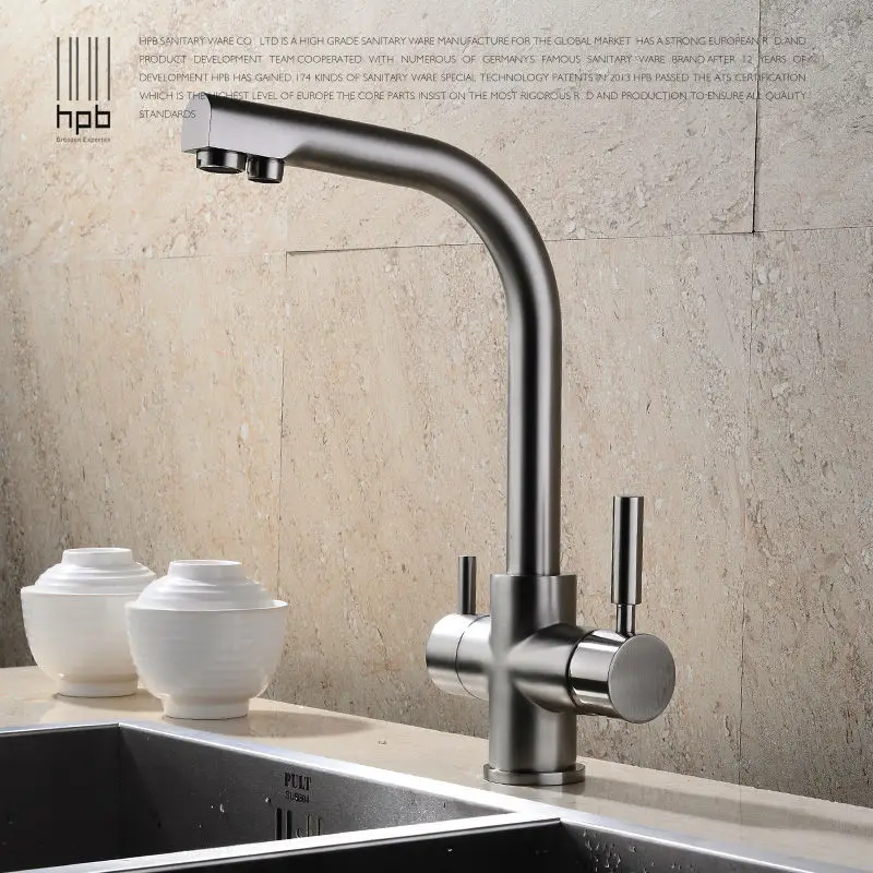 

HPB Brass Chrome Brushed Polished Two Functions 2 Handle Kitchen Sink Mixer Faucet Drinking Water Tap Swivel 360 Degree HP4302