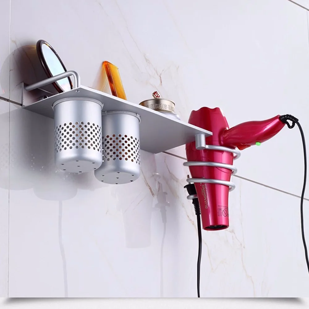 Space Aluminum Bathroom Shelf Set Wall Mount Hair Dryer Racks Stand with 2 Cups Storage Organizer | Обустройство дома