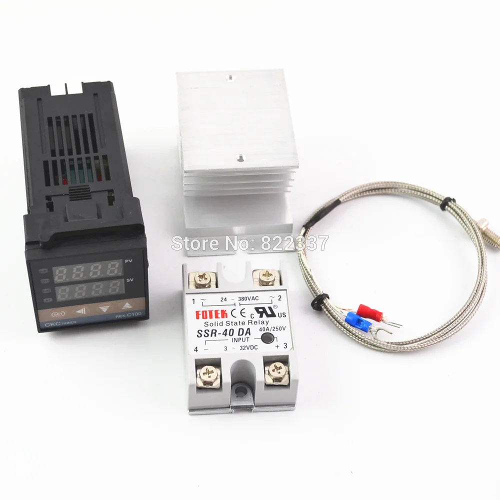 Цифровой контроллер температуры 100-240VAC PID REX-C100+ max.40A SSR+ K термопара, PID контроллер комплект+ радиатор