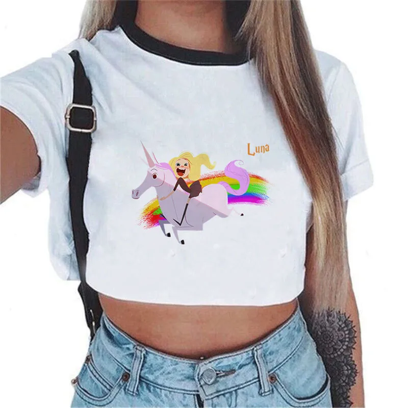 2018 летний женский Повседневный пуловер короткий топик Harajuku tumblr Unicorn футболка Femme