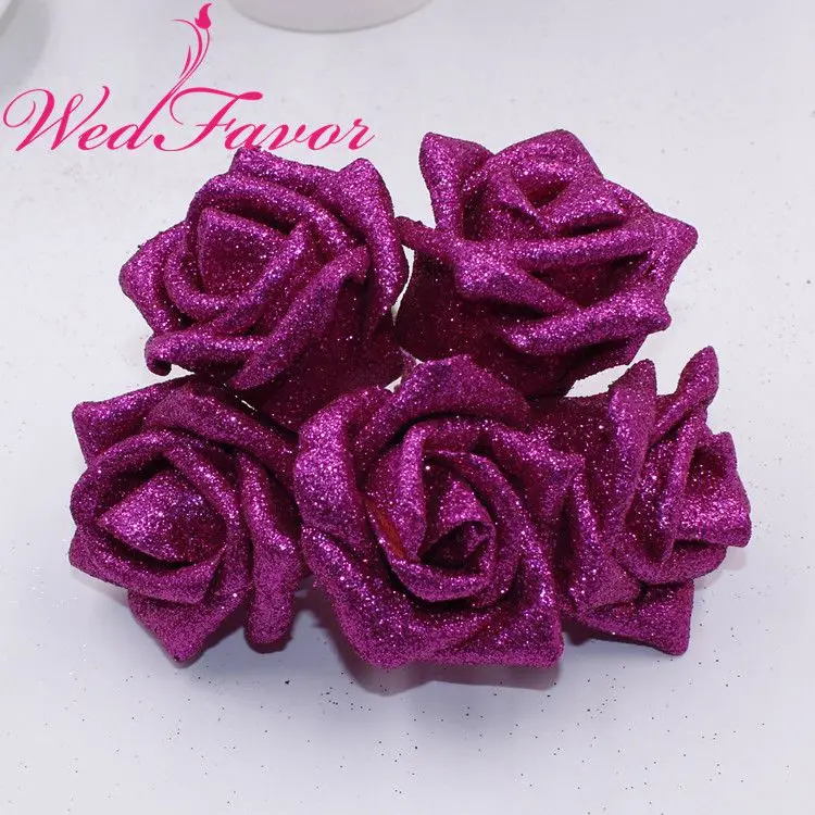 Fuchsia 50 шт. 5-6 см искусственные блестящие EVA пены розы цветы свадебные букет для домашнего события Свадебные украшения - Цвет: Fuchsia